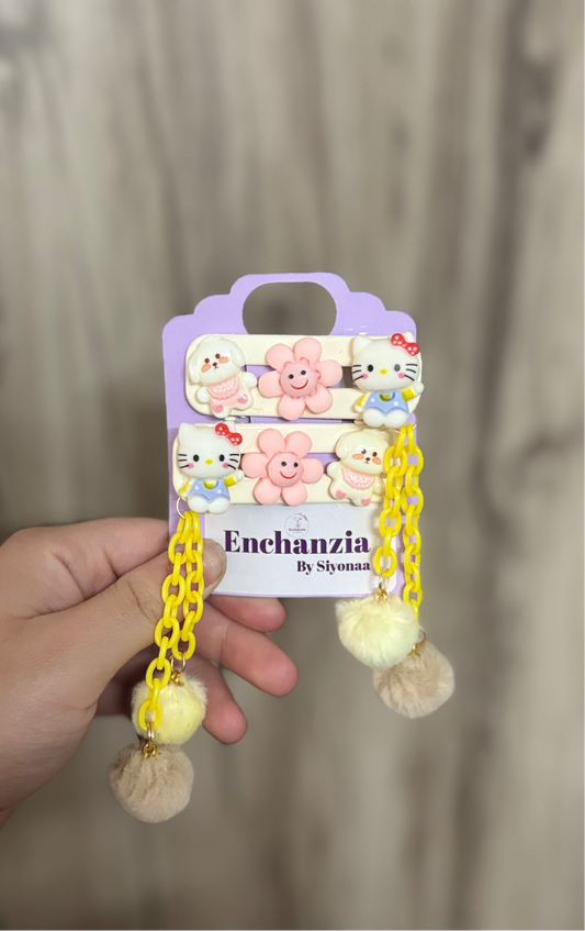 Pastel hair clips with Hello Kitty, happy flowers, a tiny bear, yellow chains, and fluffy Pom Poms. Perfect for adding charm to any hairstyle or outfit.