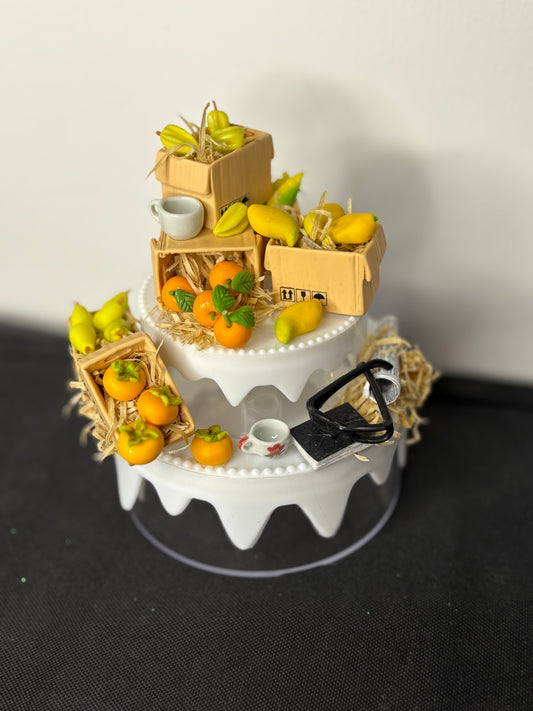 A handcrafted miniature two-compartment storage box decorated with tiny fruit crates, mugs, and rustic accessories, designed for storing small items like rings, earrings, candies, or trinkets; perfect as a charming tabletop organizer or gift box.